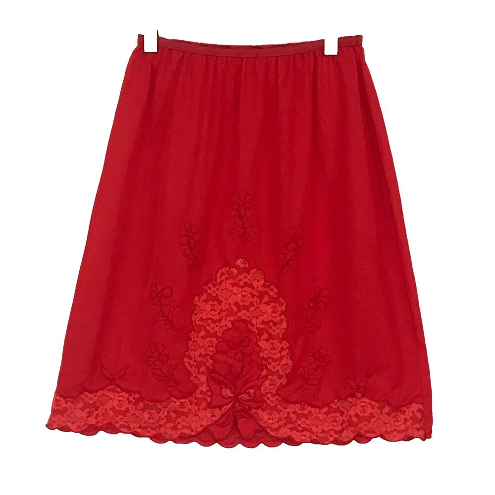 Vintage 60s Short Red Half Slip, Floral Embroidery, Lace Scallop Hem 24-28 Waist
